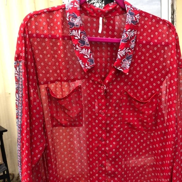 {$13 BUNDLED} FREE PEOPLE Red Blue White Sheer Long Sleeve Top - Picture 1 of 6